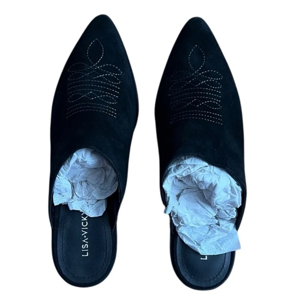 Lisa Vicky Black Suede Pointy Toe Skip Heeled Mule Western Embroidered - Picture 1 of 3